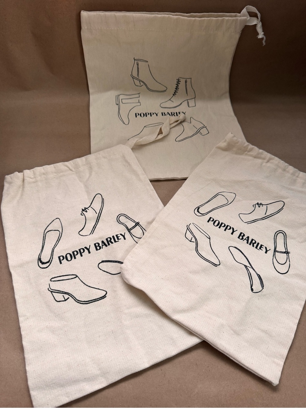 3 Poppy Barley Shoe Dustbags (2 @ 13.5” by 9” and 1 @ 15” by 12”)